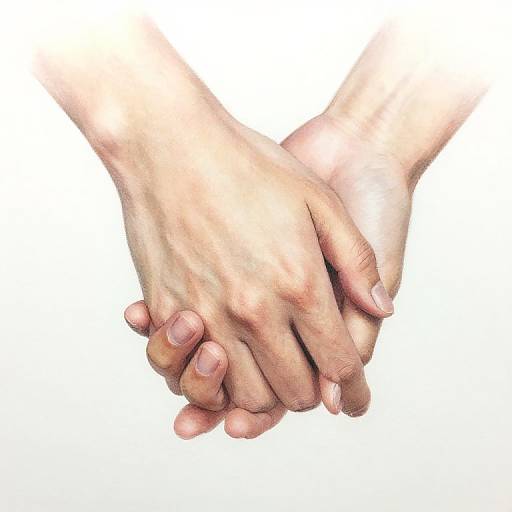 Photograph of two light-skinned hands clasped together, fingers intertwined, against a plain white background, symbolizing unity and connection.