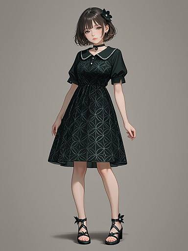 Digital anime-style drawing of a young woman with short black hair, wearing a black patterned dress, black sandals, and a black flower hair accessory,