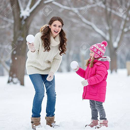 Photograph of a smiling, long-haired woman in a white sweater and blue jeans, and a young girl in a red jacket and pink hat, playing
