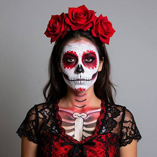 Photograph of a woman with white and red sugar skull face paint, red flower crown, black lace dress, and skeletal chest design.
