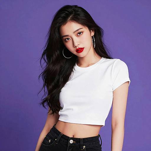 Photograph of an Asian woman with long black hair, red lipstick, white crop top, black jeans, and large hoop earrings, against a solid purple