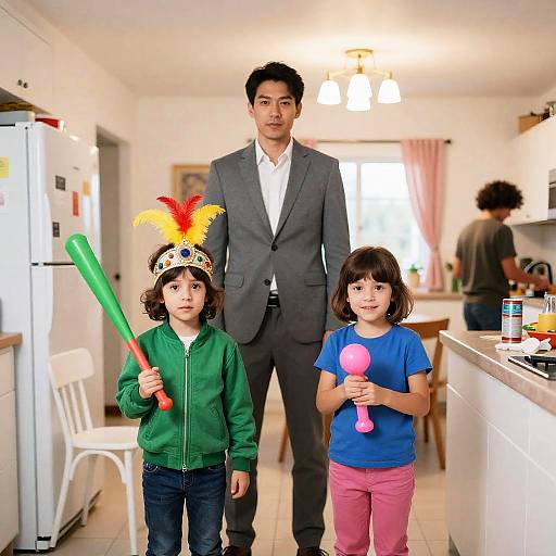 Family Kitchen Scene with Children and Adult