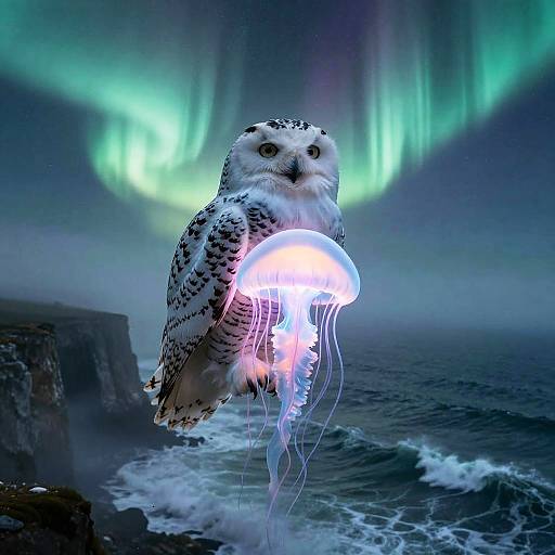 Bioluminescent Owl-Jellyfish Aurora Cliff Sentinel