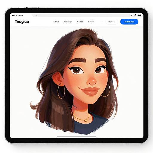 Digital illustration of a smiling young woman with long dark hair, large hoop earrings, and a gold necklace on a profile photo editing app interface.