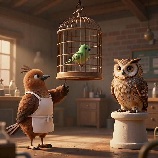 Anthropomorphic Birds in a Laboratory Scene