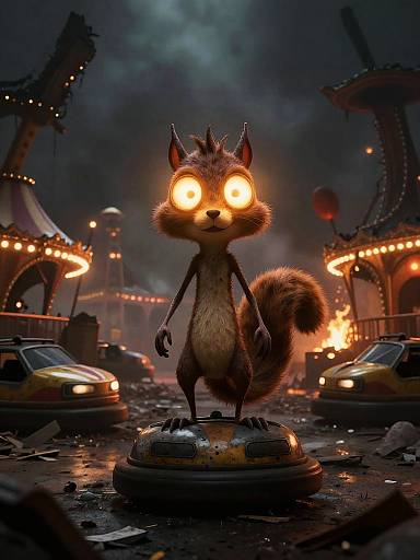 CGI image of a glowing-eyed, cartoon-style squirrel standing on a pedestal in a dark, post-apocalyptic carnival with illuminated carousels and scattered