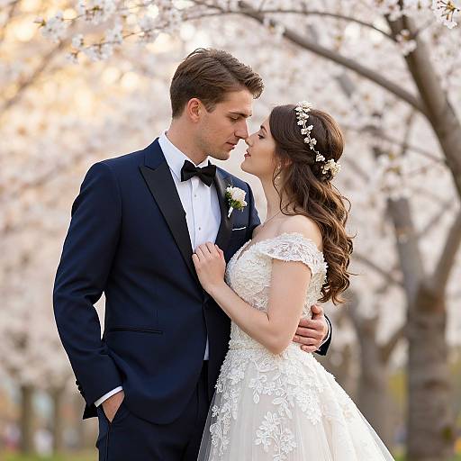 Photograph of a handsome groom in a black tuxedo and bow tie, gazing lovingly at his beautiful bride in a white lace wedding dress