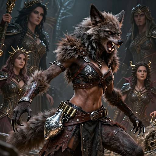 CGI fantasy scene: fierce anthropomorphic wolf warrior with fur, metal armor, and leather loincloth, snarling at four armored women in