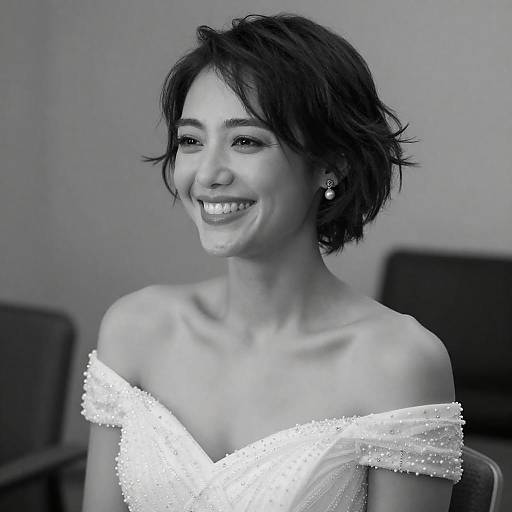 Smiling Woman in White Off-Shoulder Dress