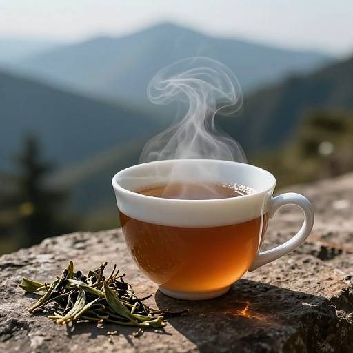 Photograph of a steaming white cup of tea on a rocky ledge, with dried tea leaves beside it, against a blurred mountainous landscape.