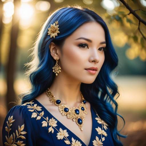 Portrait of Woman with Blue Hair and Gold Embroidered Dress