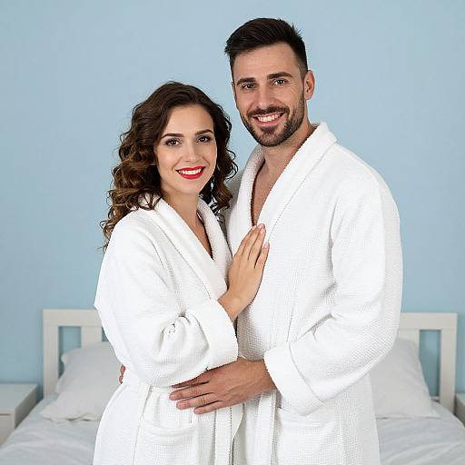Photograph of a smiling couple in white bathrobes, standing closely together in a bright blue room with a white bed behind them.