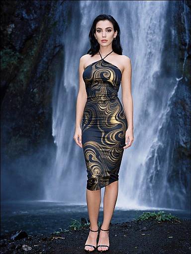 Photograph of a dark-haired woman in a form-fitting black dress with gold swirl patterns, standing in front of a cascading waterfall, wearing black