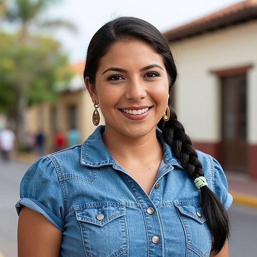 Photograph of a smiling Latina woman with long black hair in a braid, wearing a denim button-up shirt and gold earrings, standing on a sunny