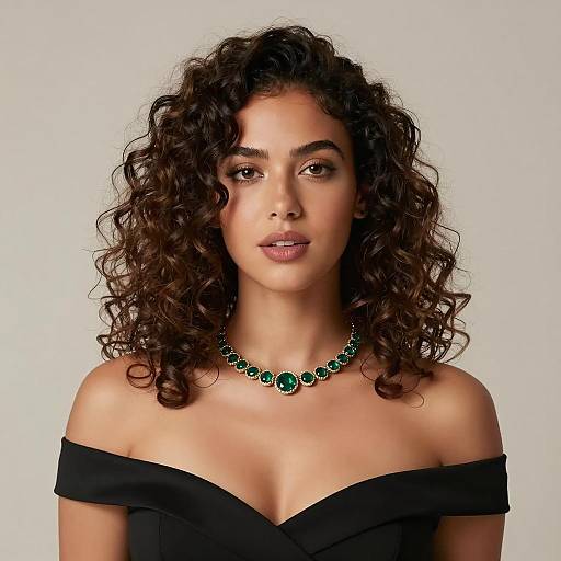 Elegant Woman with Curly Hair and Green Gemstone Necklace