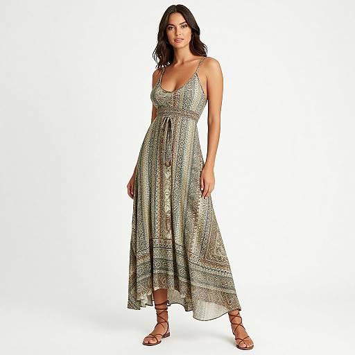 Photograph of a curvy woman with dark hair in a glittering, sleeveless, floor-length dress and brown sandals, standing against a plain white