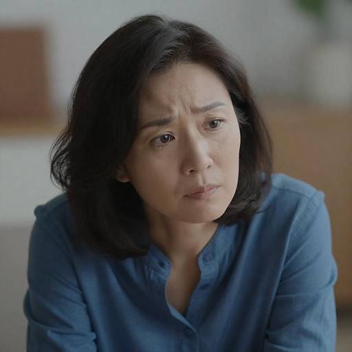 Concerned Middle-Aged Woman in Blue Shirt