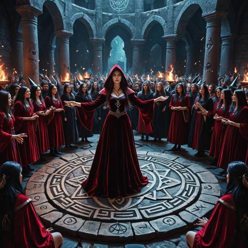 Sorceress in Crimson Velvet Gown Performing Ritual