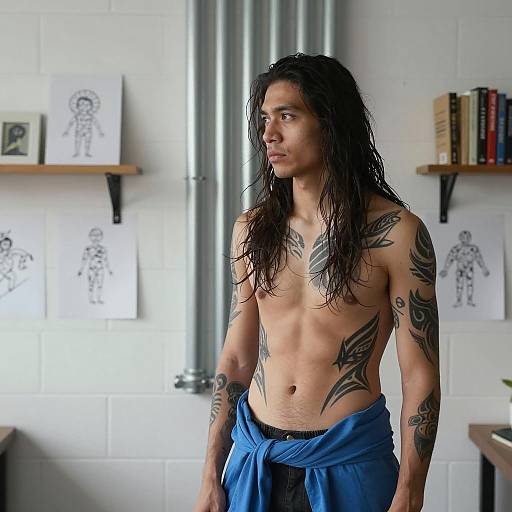 Shirtless man with tribal tattoos and blue shirt