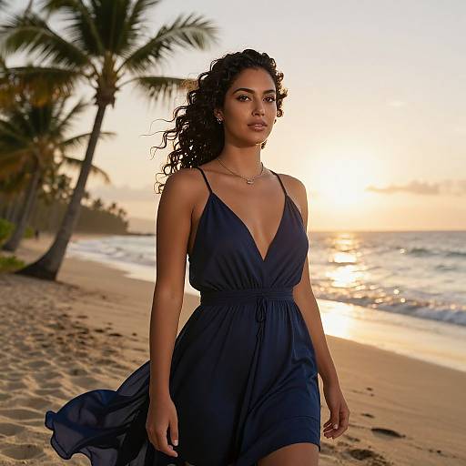 Photograph of a curly-haired, dark-skinned woman in a deep navy blue, V-neck dress walking on a sandy beach at sunset, with palm