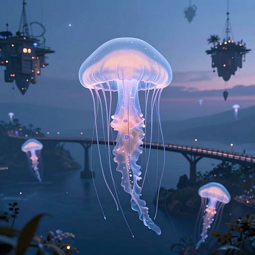 Digital illustration of glowing blue jellyfish floating in a twilight ocean, with floating lanterns and a bridge in the background.