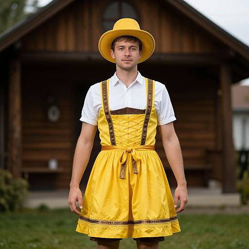 Photograph of a young man in a bright yellow Bavarian outfit with a white shirt and hat, standing in front of a wooden house.
