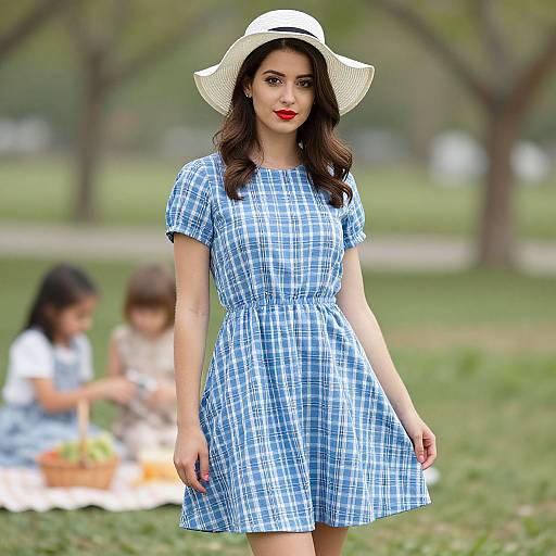 Photograph of a woman in a blue plaid dress and white sunhat, with red lipstick, standing in a park, blurred children in the background