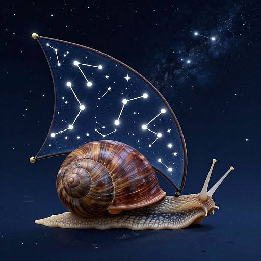 Photograph of a spiral snail with a transparent, starry-constellation-shaped shell against a dark blue, star-speckled background.