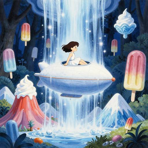 Fantasy Airship Adventure in Surreal Ice Cream Forest