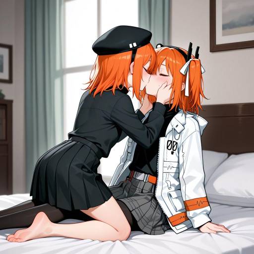 Anime Girls Sharing a Kiss on Bed
