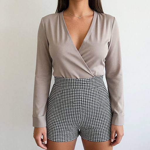 Photograph of a woman in a light gray, long-sleeve V-neck top with high-waisted black and white houndstooth shorts