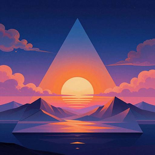 Digital art of a sunset over pyramidal mountains with a large triangle framing the sun, surrounded by pink and purple clouds. Vibrant colors, surreal