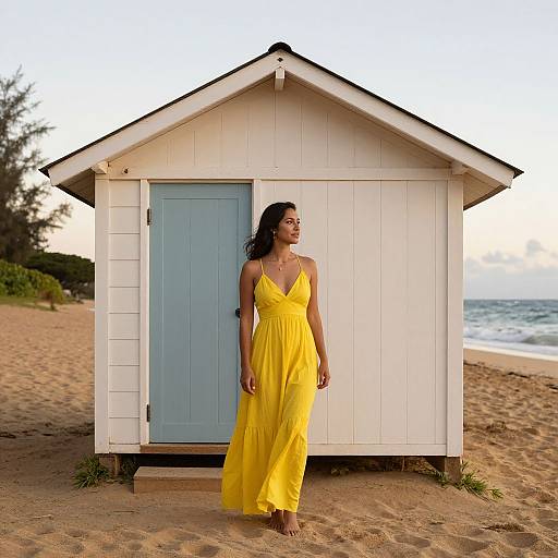 Photograph of a woman with dark hair in a yellow dress standing in front of a white beach hut with a blue door on a sandy shore at sunset