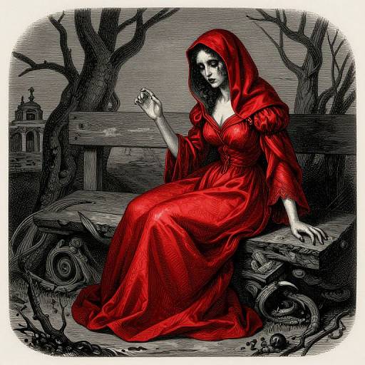 Digital illustration of a pale woman in a red hooded dress, sitting on a wooden bench, holding a small skull, surrounded by dark, leafless