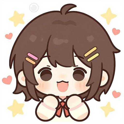 Chibi-style digital drawing of a cute, brown-haired girl with big eyes, pink and yellow hair clips, red necktie, and smiling expression,