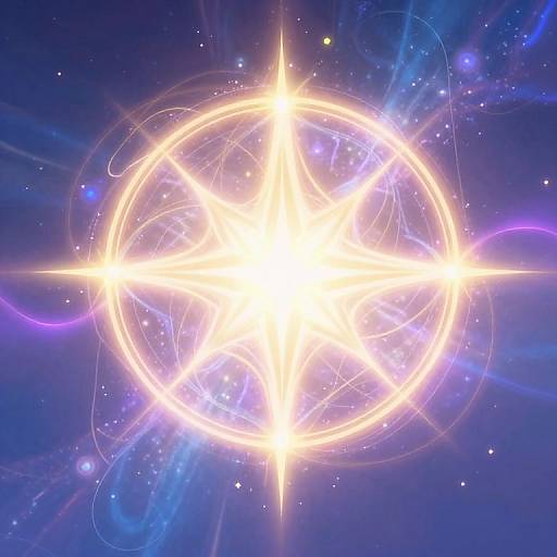 Bright, glowing, white, cross-like celestial symbol with circular outline, surrounded by blue and purple cosmic wisps and stars, in digital art style.