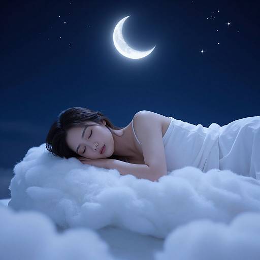 Photograph of an Asian woman with black hair, eyes closed, lying on white clouds under a glowing crescent moon in a dark blue night sky.