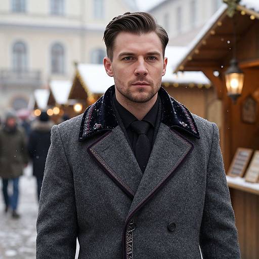 Photograph of a serious, bearded man with dark hair, wearing a gray, double-breasted coat with black scarf, standing in a snowy,