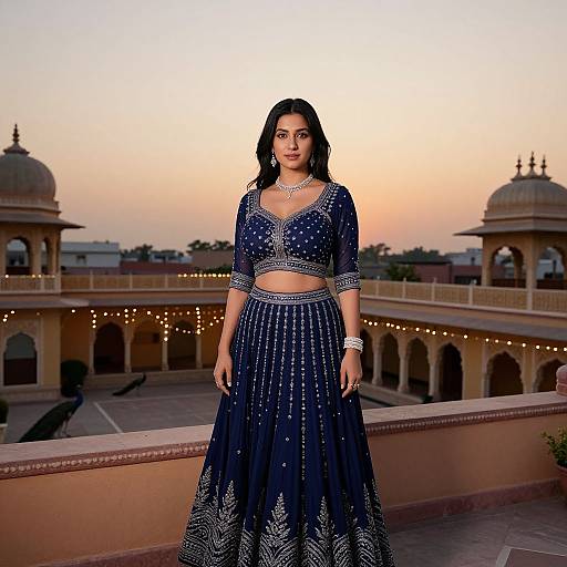 Photograph of a South Asian woman with medium brown skin, black hair, wearing a navy blue embroidered traditional outfit, standing on a rooftop with domed