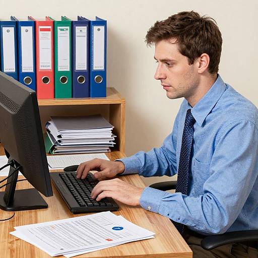 Photograph of a focused, Caucasian man with short brown hair, wearing a blue shirt and navy tie, typing on a computer, with colorful binders