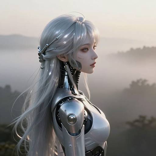 CGI artwork of a silver-haired, cybernetic woman with reflective metal arms and chest, standing in a misty, sunlit landscape. Her