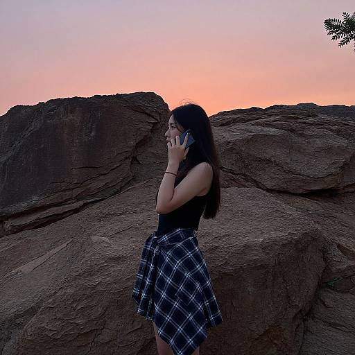 Photograph of a young woman with long black hair, wearing a black sleeveless top and black-and-white plaid skirt, talking on a cellphone,