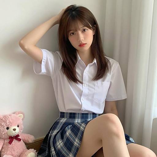 Young Asian Woman in School Uniform Sitting Indoors