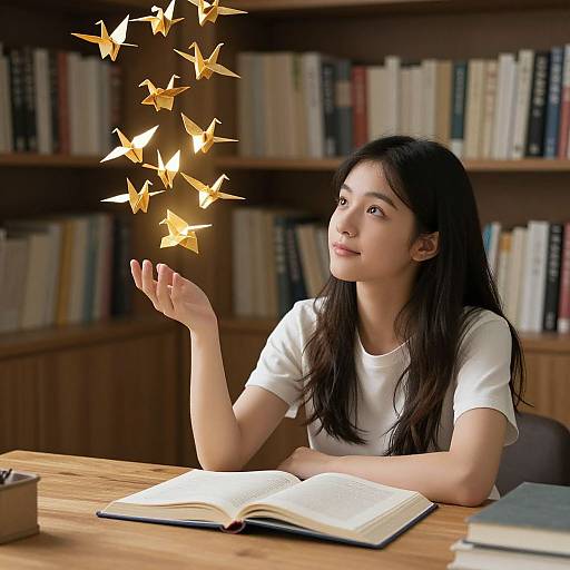 Photograph of an Asian teenage girl with long black hair, wearing a white shirt, sitting at a wooden desk in a library, summoning glowing butterflies