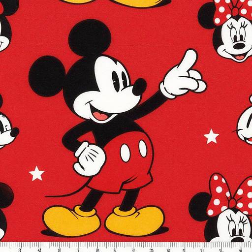 Seamless pattern of Mickey Mouse in red shorts, yellow shoes, pointing, surrounded by Minnie Mouse heads with polka dots, against a bright