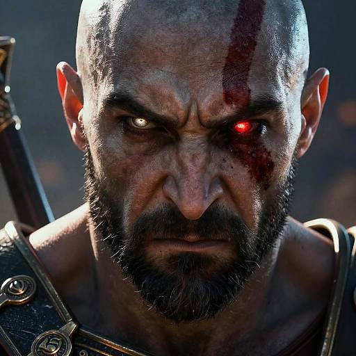 Close-up photograph of a bald, bearded man with a scarred forehead, heterochromatic eyes (one red, one white), intense expression,