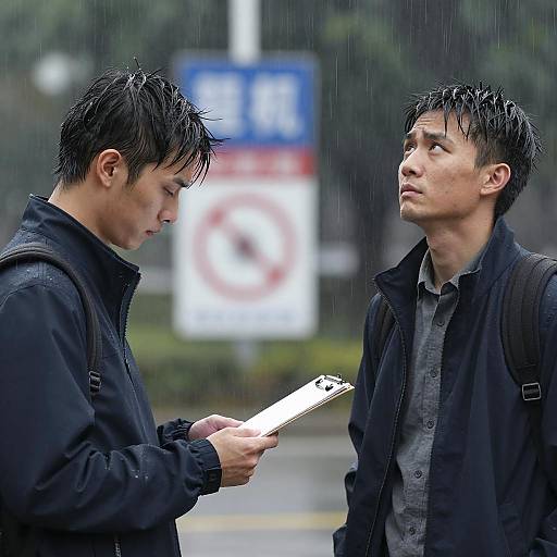 Two Men Standing in Rain with Clipboard