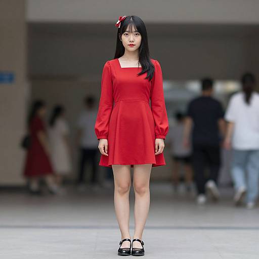 Realistic Asian Girl in Red Dress