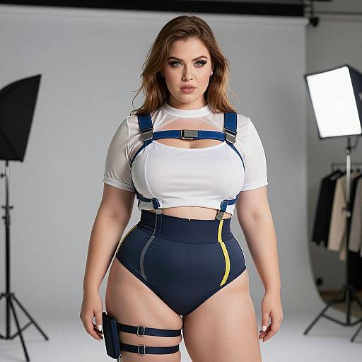 Photograph of a curvy woman with light skin and brown hair, wearing a white crop top, blue high-waisted shorts with yellow stripe,