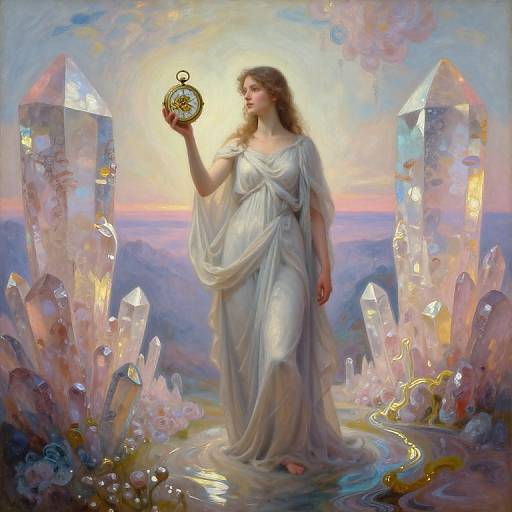 Digital painting of a serene, ethereal woman in a flowing white gown holding a glowing orb, surrounded by crystal towers and a shimmering, colorful sky
